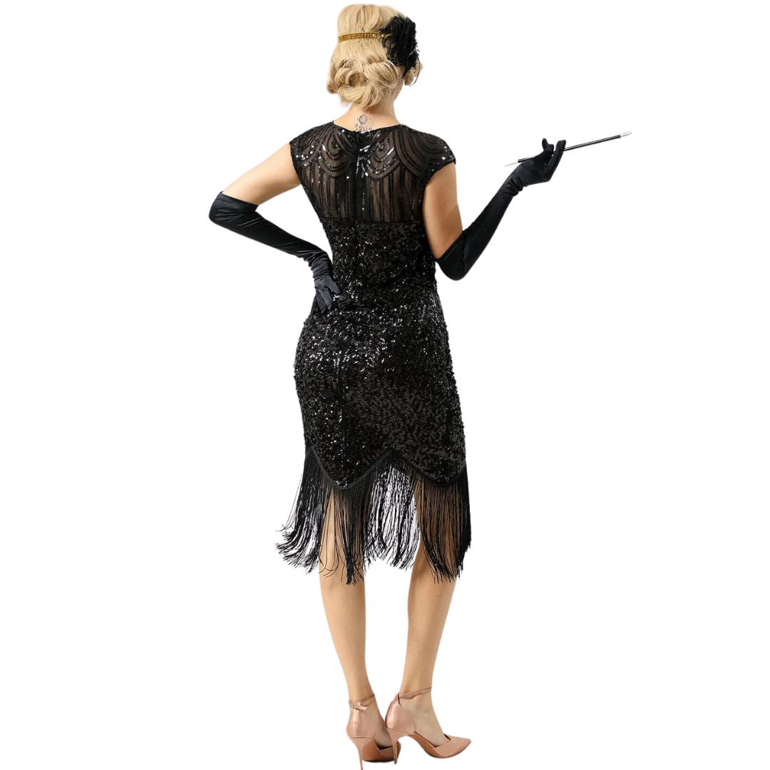 Luisa 1920s Sequin and Fringe Dress | Glamorous Vintage Style-Black-S-State of Style