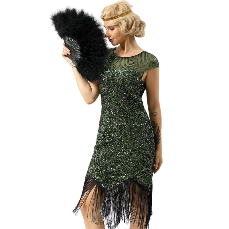 Luisa 1920s Sequin and Fringe Dress | Glamorous Vintage Style-Black-S-State of Style