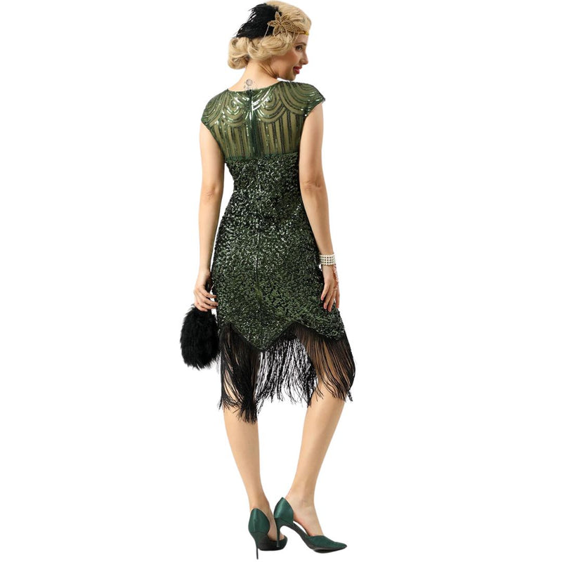 Luisa 1920s Sequin and Fringe Dress | Glamorous Vintage Style-Black-S-State of Style