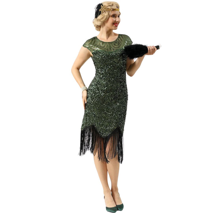 Luisa 1920s Sequin and Fringe Dress | Glamorous Vintage Style-Green-S-State of Style