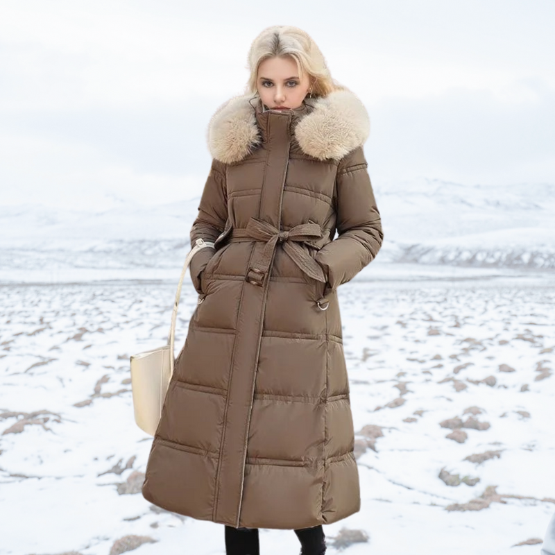 Luxe Faux Fur Winter Coat for Women - Amara-Brown with Beige Collar-S-State of Style