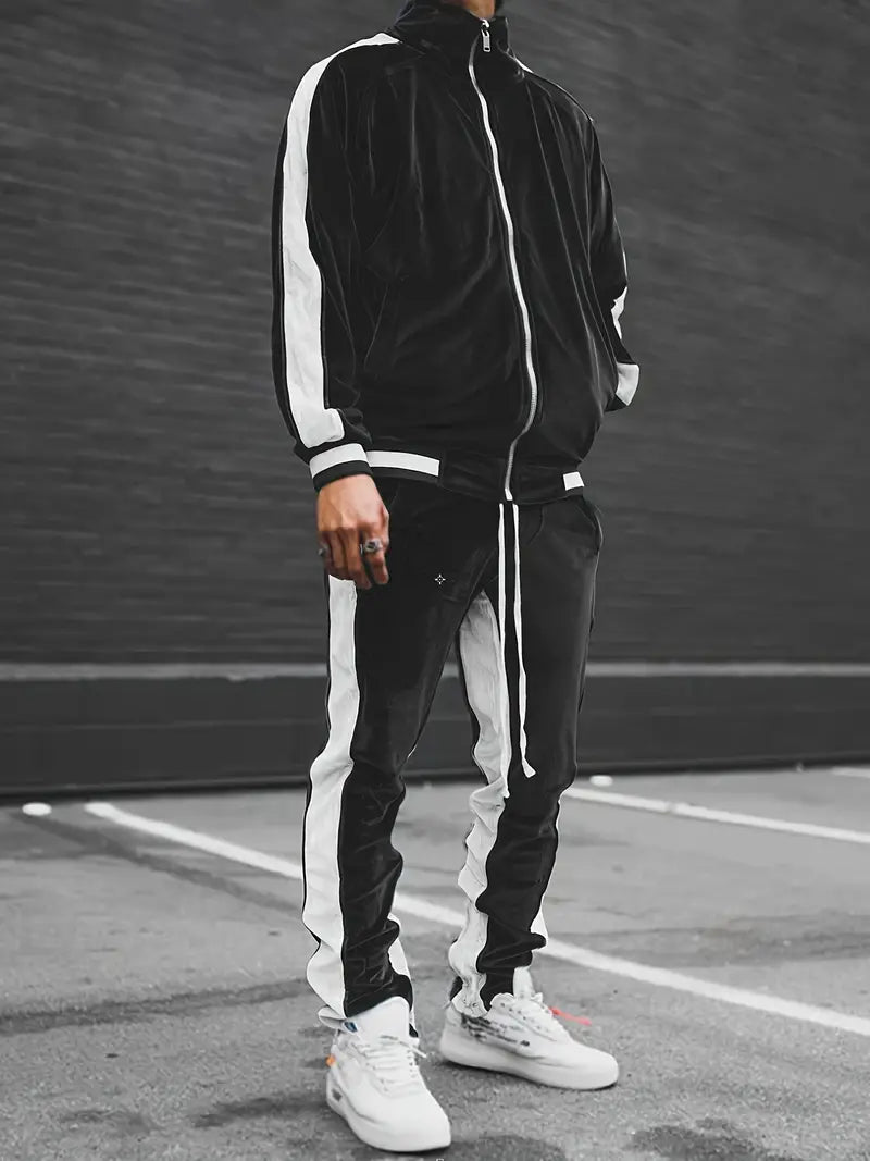 Luxe Velvet Tracksuit with Zipper for Men - Mason-Black-S-State of Style