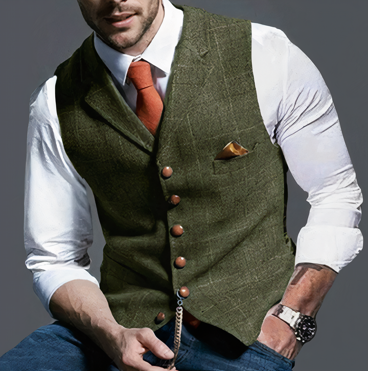 Luxurious Checked Men's Waistcoat - Edward-Olive Green-S-State of Style