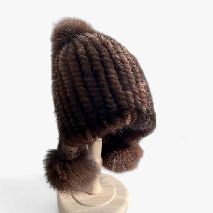 Luxurious Weasel Fur Hat with Fox Fur Pom-Pom - Valeria-Chestnut brown-Elastic band-State of Style
