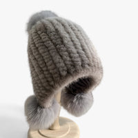 Luxurious Weasel Fur Hat with Fox Fur Pom-Pom - Valeria-Grey 1-Elastic band-State of Style