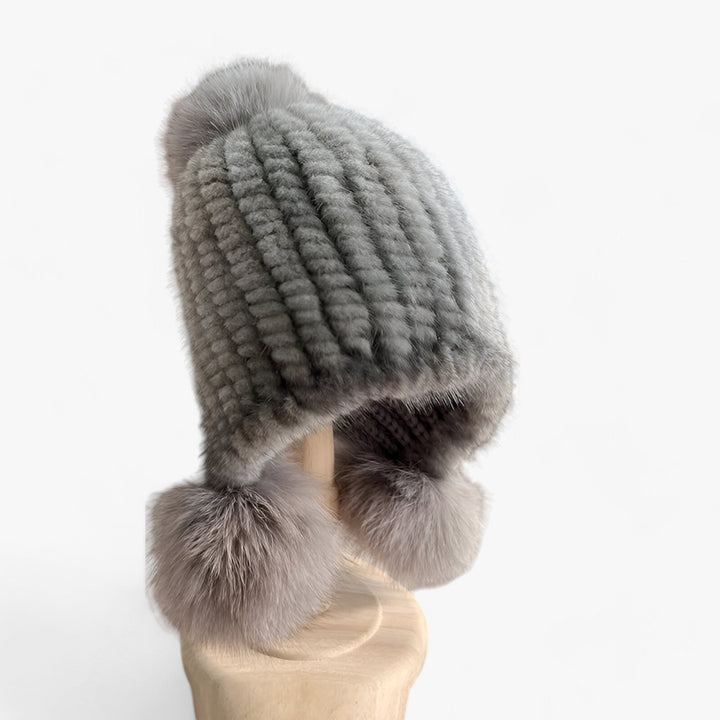 Luxurious Weasel Fur Hat with Fox Fur Pom-Pom - Valeria-Grey 2-Elastic band-State of Style