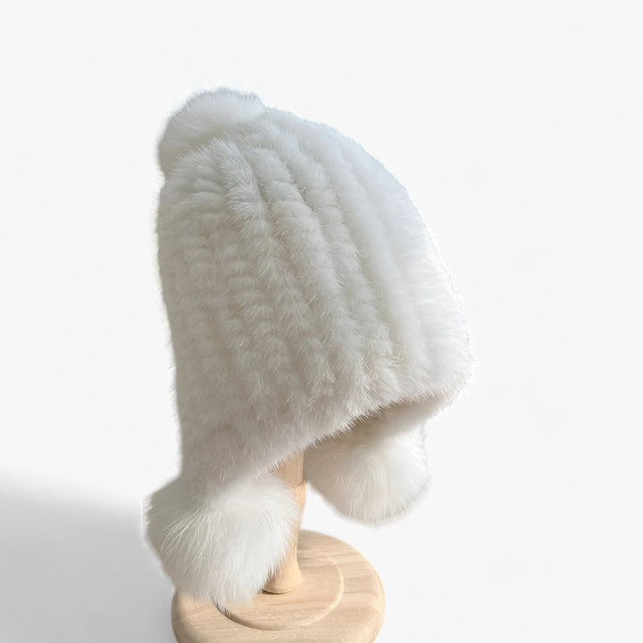 Luxurious Weasel Fur Hat with Fox Fur Pom-Pom - Valeria-White-Elastic band-State of Style