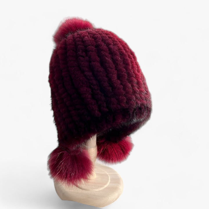 Luxurious Weasel Fur Hat with Fox Fur Pom-Pom - Valeria-Wine red-Elastic band-State of Style