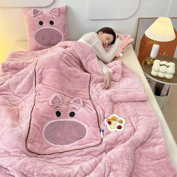 Luxury Cartoon Blanket and Cushion Set - Nomi-Single (105x145cm)-Piglet-State of Style