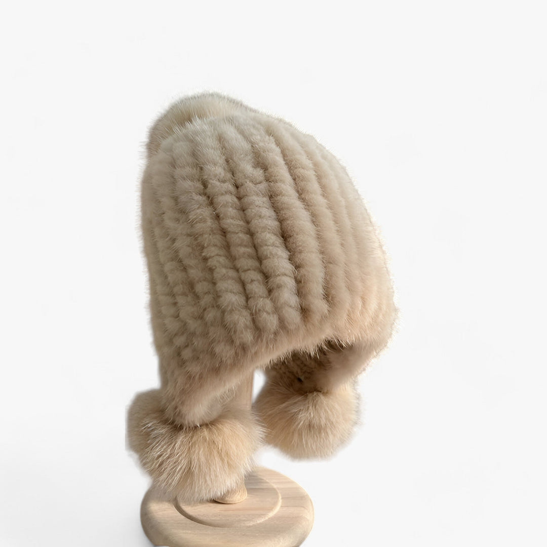 Luxury Fur Hat by Wezel with Fox Fur Pom Pom - Valeria-Beige-Elastic Band-State of Style
