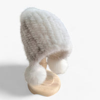 Luxury Fur Hat by Wezel with Fox Fur Pom Pom - Valeria-White Cross Mink-Elastic Band-State of Style