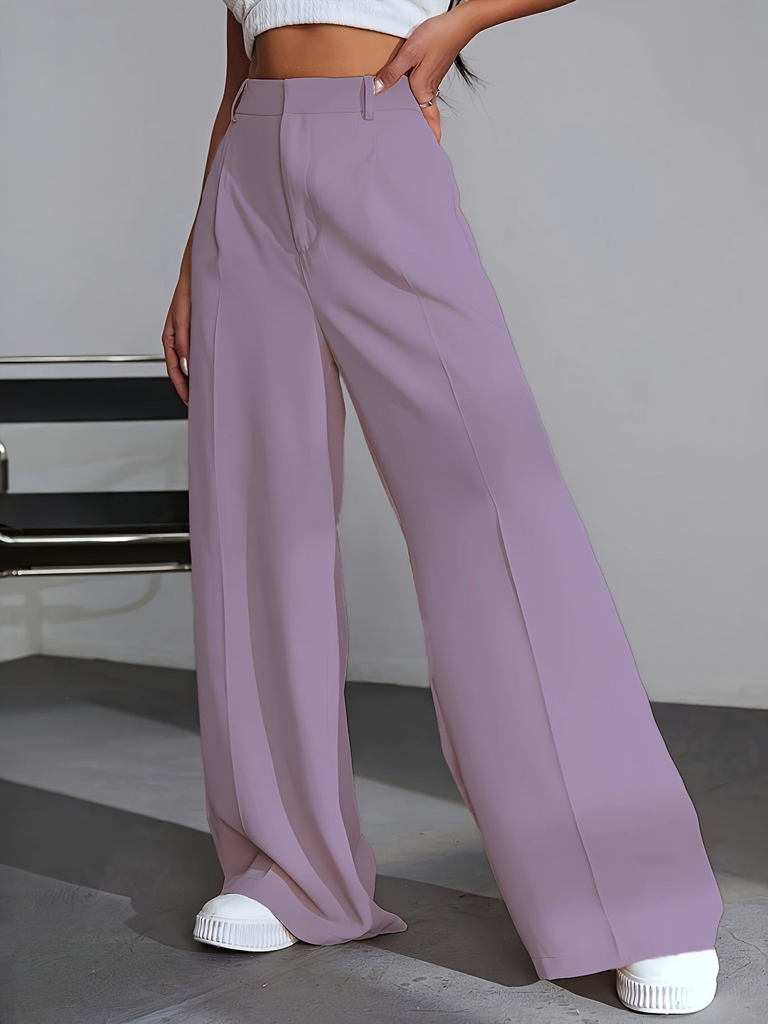 Luxury Plain Trousers With Wide Legs - Lana-S-White-State of Style