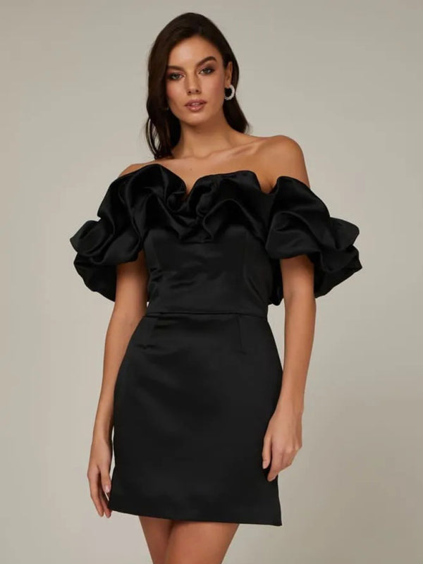 Luxury Satin Dress with Ruffles - Elise-Black-S-State of Style