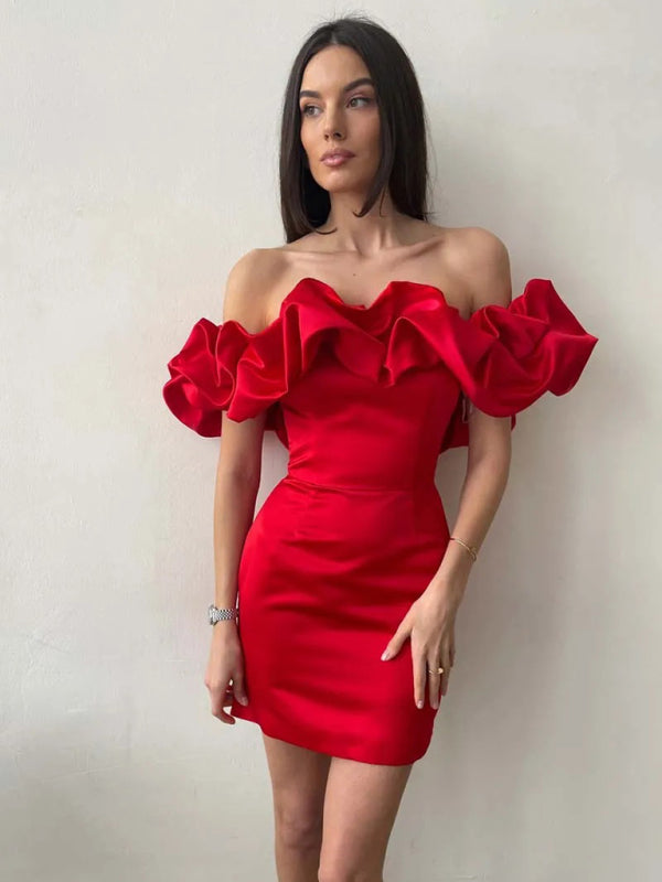 Luxury Satin Dress with Ruffles - Elise-Red-S-State of Style