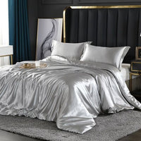 Luxury Silk/Satin Bedding Set (4-Piece) - SilkSleep-150cm Fitted Sheet + Duvet 200x230cm + 2 Pillowcases-Silver-State of Style