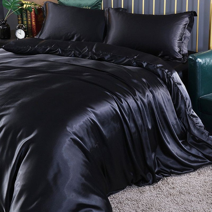 Luxury Silk/Satin Bedding Set (4-piece) - SilkSleep-Black-150cm fitted sheet + Duvet 200x230cm + 2x pillowcases-State of Style