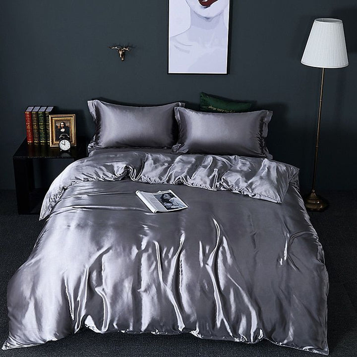 Luxury Silk/Satin Bedding Set (4-piece) - SilkSleep-Dark Silver-150cm fitted sheet + Duvet 200x230cm + 2x pillowcases-State of Style