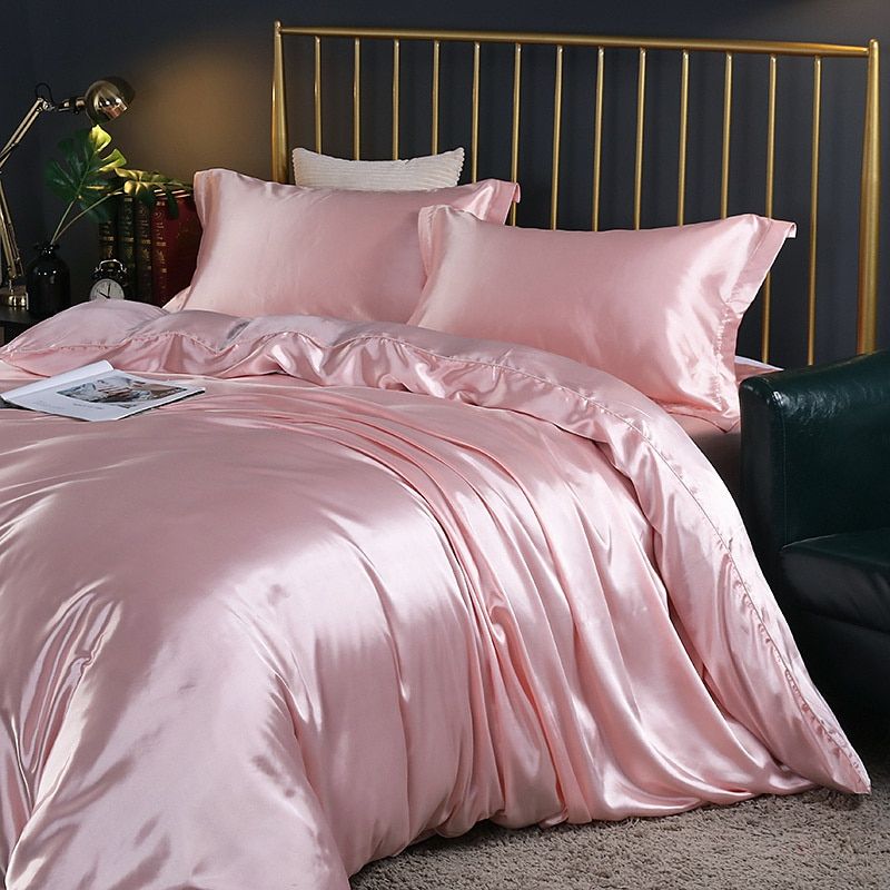 Luxury Silk/Satin Bedding Set (4-piece) - SilkSleep-Pink-150cm fitted sheet + Duvet 200x230cm + 2x pillowcases-State of Style