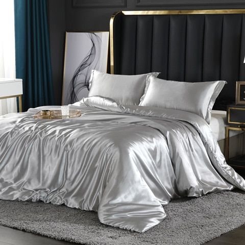Luxury Silk/Satin Bedding Set (4-piece) - SilkSleep-Silver-150cm fitted sheet + Duvet 200x230cm + 2x pillowcases-State of Style