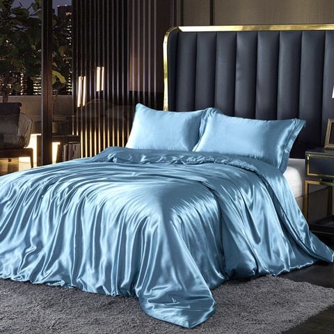Luxury Silk/Satin Bedding Set (4-piece) - SilkSleep-Sky Blue-150cm fitted sheet + Duvet 200x230cm + 2x pillowcases-State of Style