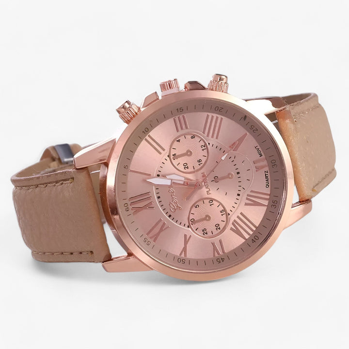Luxury Waterproof Women's Watch with Leather Strap - Camille-Khaki-State of Style