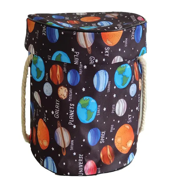 Large foldable toy tidy-up mat with basket function for the children's room.