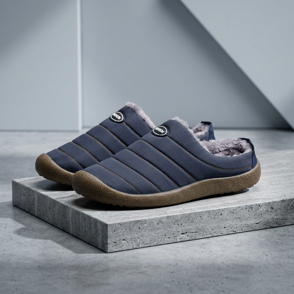 Pair of navy blue slippers with fleece interior displayed on a concrete block 18