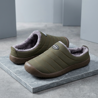 Pair of olive green slippers with grey fleece lining on a marble slab 17