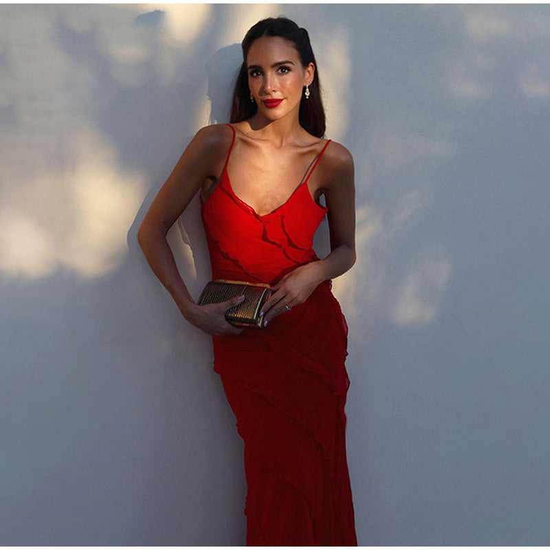 Maxi Dress with Ruffles - GraceFlow-Red-S-State of Style
