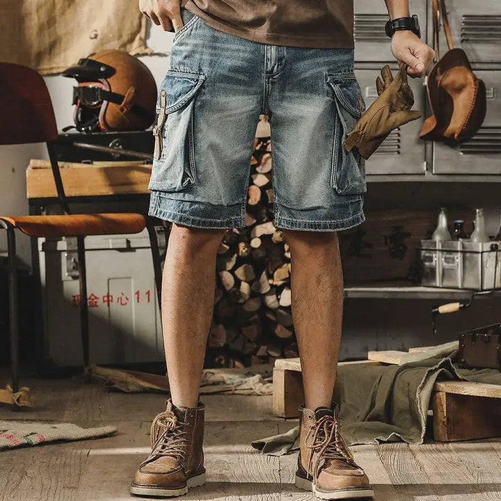 Men's Denim Cargo Shorts in Retro Motorcycle Style – Ronex-Denim Blue-S-State of Style