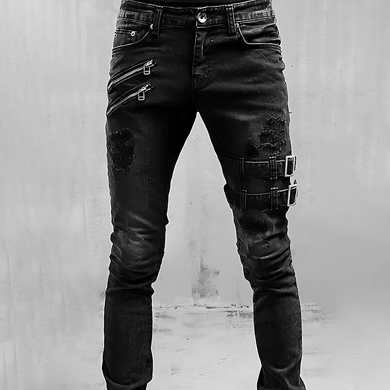 Men's Denim Jeans with Buckles and Zippers - TitanEdge-Black-S-State of Style