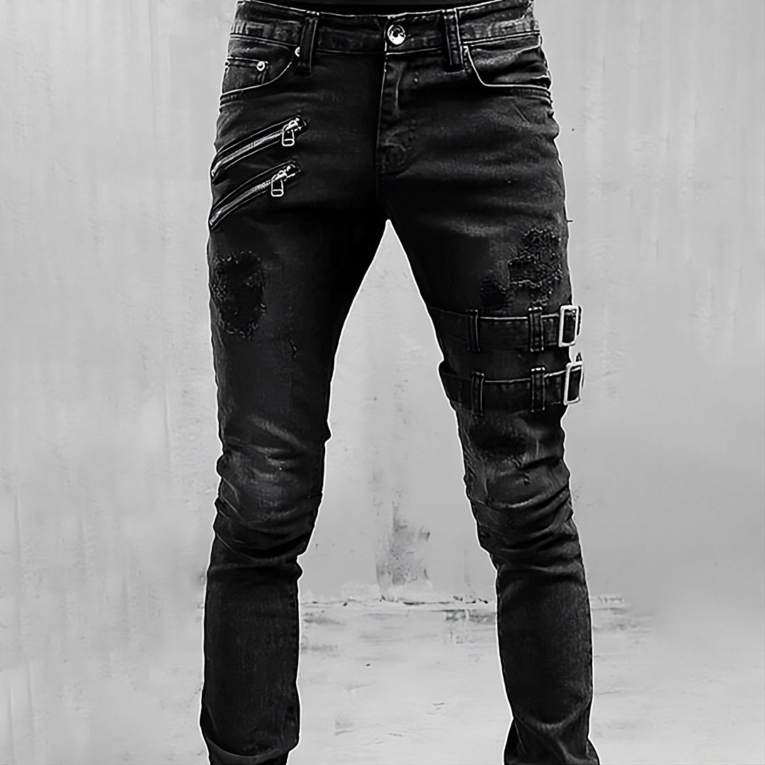 Men's Denim Jeans with Buckles and Zippers - TitanEdge-Black-S-State of Style