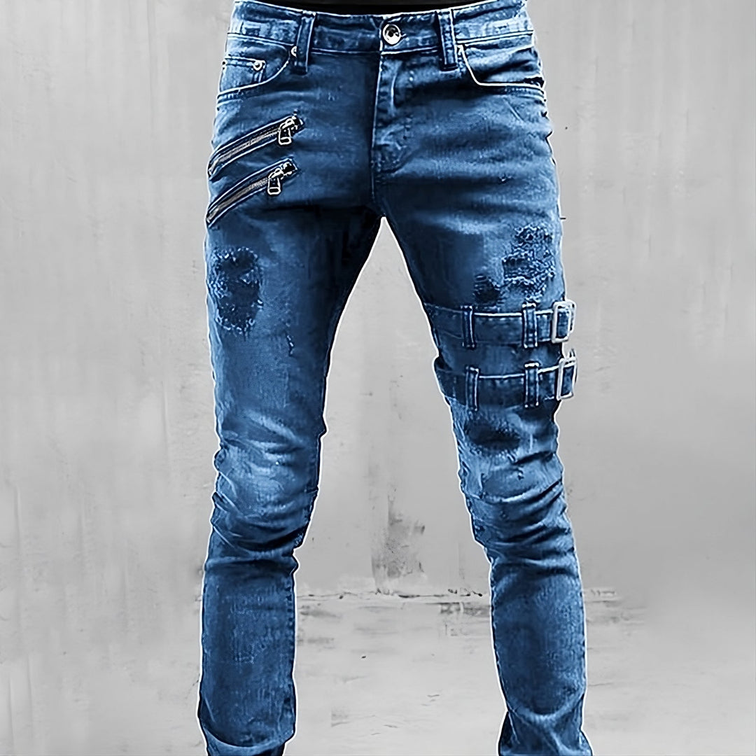 Men's Denim Jeans with Buckles and Zippers - TitanEdge-Blue-S-State of Style