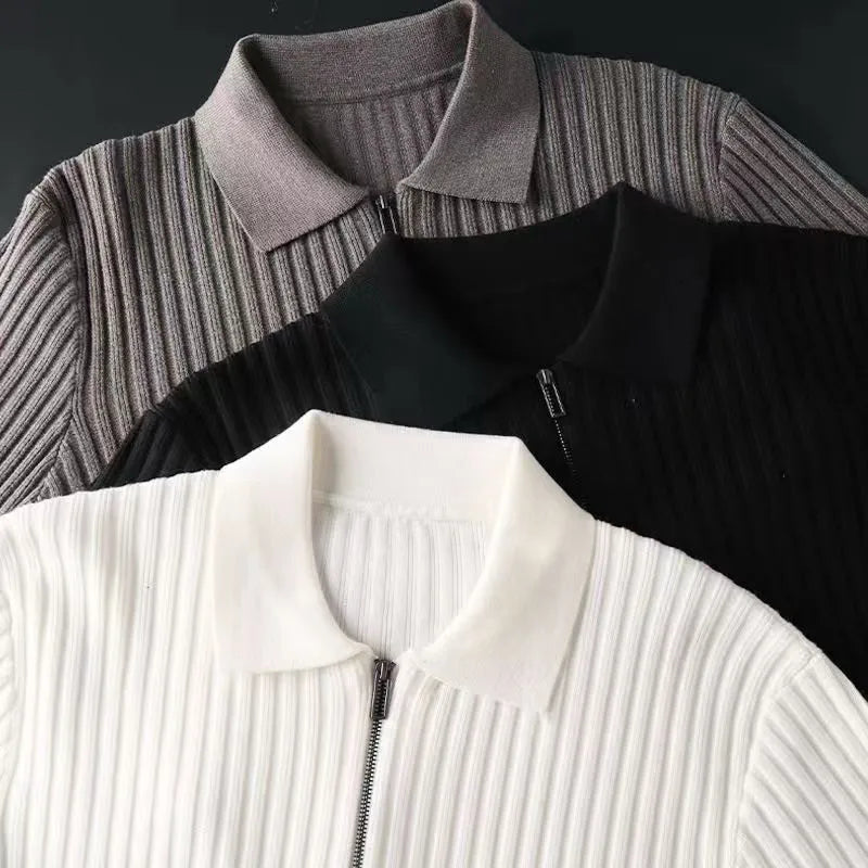 Men's Merino Polo Sweater with Zip - Ethan-Black-M-State of Style