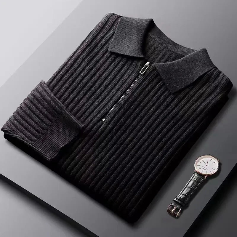 Men's Merino Polo Sweater with Zip - Ethan-Black-M-State of Style