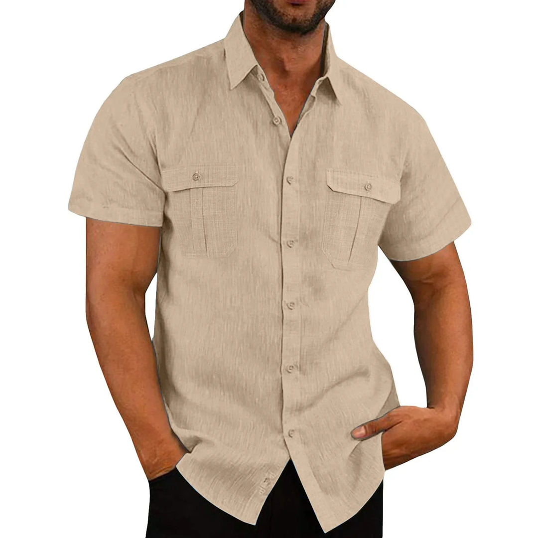 Men's Short-Sleeve Shirt with Chest Pockets and Kent Collar – Lennard-Beige-S-State of Style