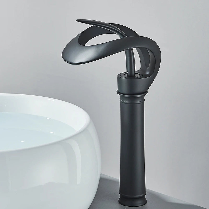Messing Basin Mixer Tap with Waterfall Spout - Flowarc-Black-Long-State of Style