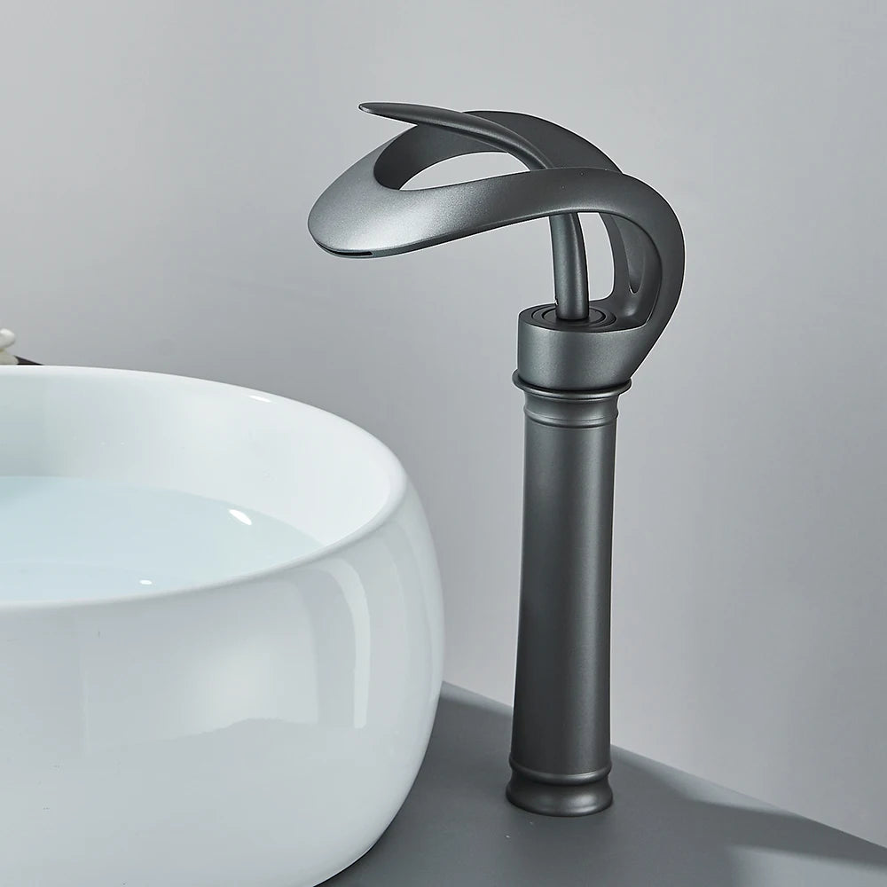 Messing Basin Mixer Tap with Waterfall Spout - Flowarc-Gray-Long-State of Style