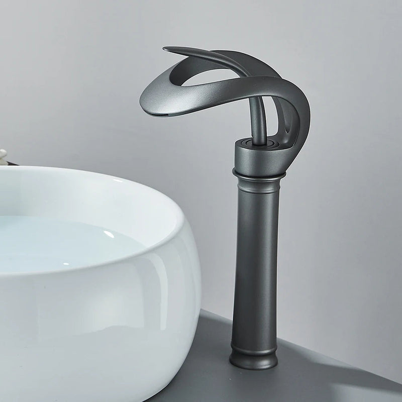 Messing Basin Mixer Tap with Waterfall Spout - Flowarc-Gray-Long-State of Style