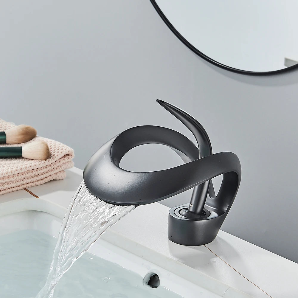 Messing Basin Mixer Tap with Waterfall Spout - Flowarc-Matte Black-State of Style