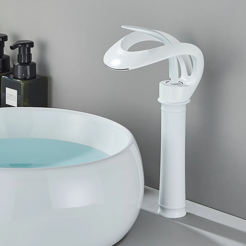 Messing Basin Mixer Tap with Waterfall Spout - Flowarc-White-Long-State of Style