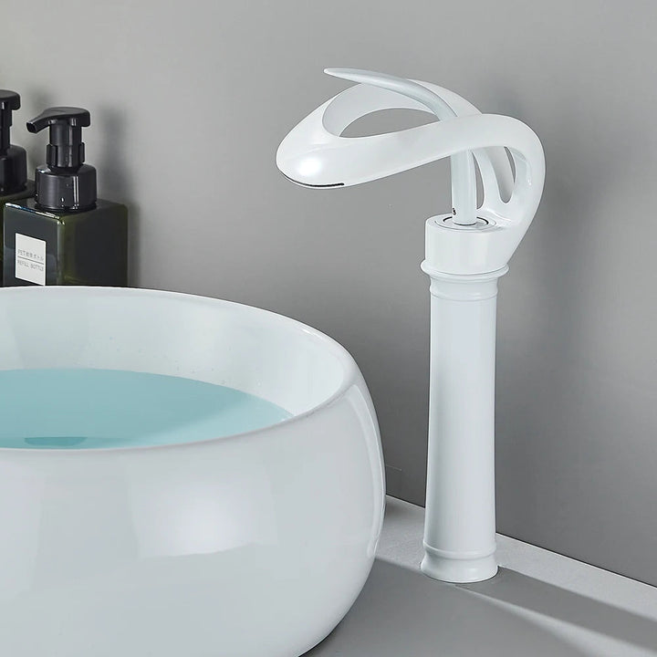 Messing Basin Mixer Tap with Waterfall Spout - Flowarc-White-Long-State of Style