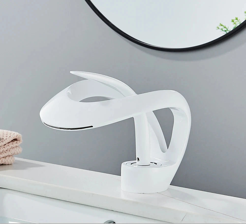 Messing Basin Mixer Tap with Waterfall Spout - Flowarc-White-State of Style