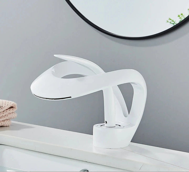 Messing Basin Mixer Tap with Waterfall Spout - Flowarc-White-State of Style