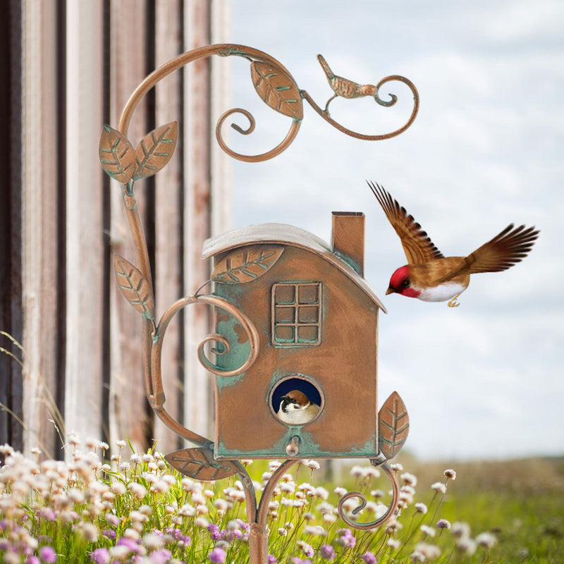 Metal Art Birdhouse on Garden Stake - FeatherNest-House with fireplace and window-State of Style