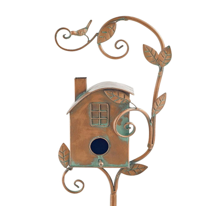 Metal Art Birdhouse on Garden Stake - FeatherNest-House with fireplace and window-State of Style