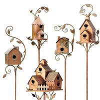 Metal Art Birdhouse on Garden Stake - FeatherNest-House with fireplace and window-State of Style
