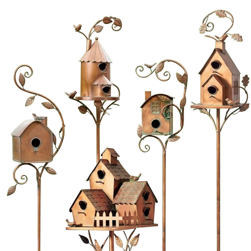 Metal Art Birdhouse on Garden Stake - FeatherNest-House with fireplace and window-State of Style