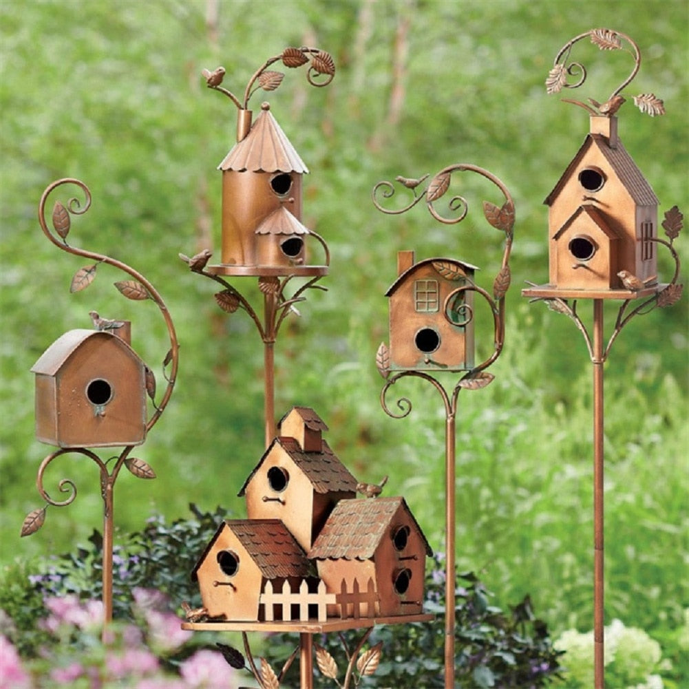 Metal Art Birdhouse on Garden Stake - FeatherNest-House with fireplace and window-State of Style