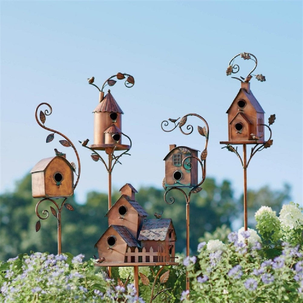 Metal Art Birdhouse on Garden Stake - FeatherNest-House with fireplace and window-State of Style